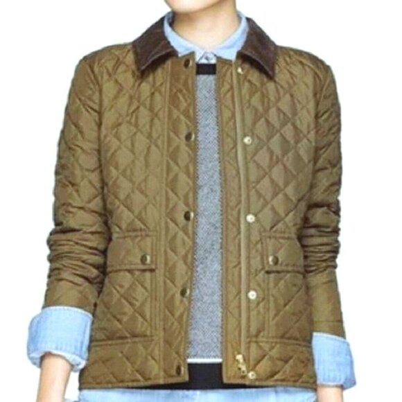 J.CREW Jackets & Blazers - J.CREW Quilted Green Barn Jacket Corduroy Collar Gold Button Down Fill Women Med